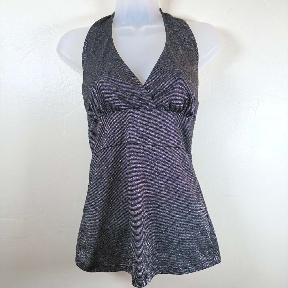 Vintage Y2K Julies Closet Babydoll Halter Top Sz M Black Sparkle Glam Vamp Goth